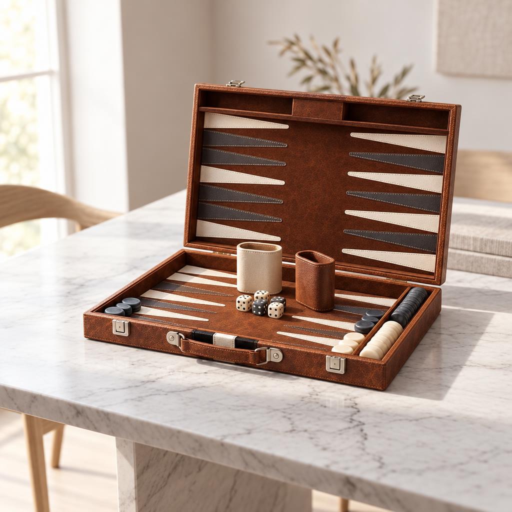 Backgammon Roma — Brown Leather Travel Case
