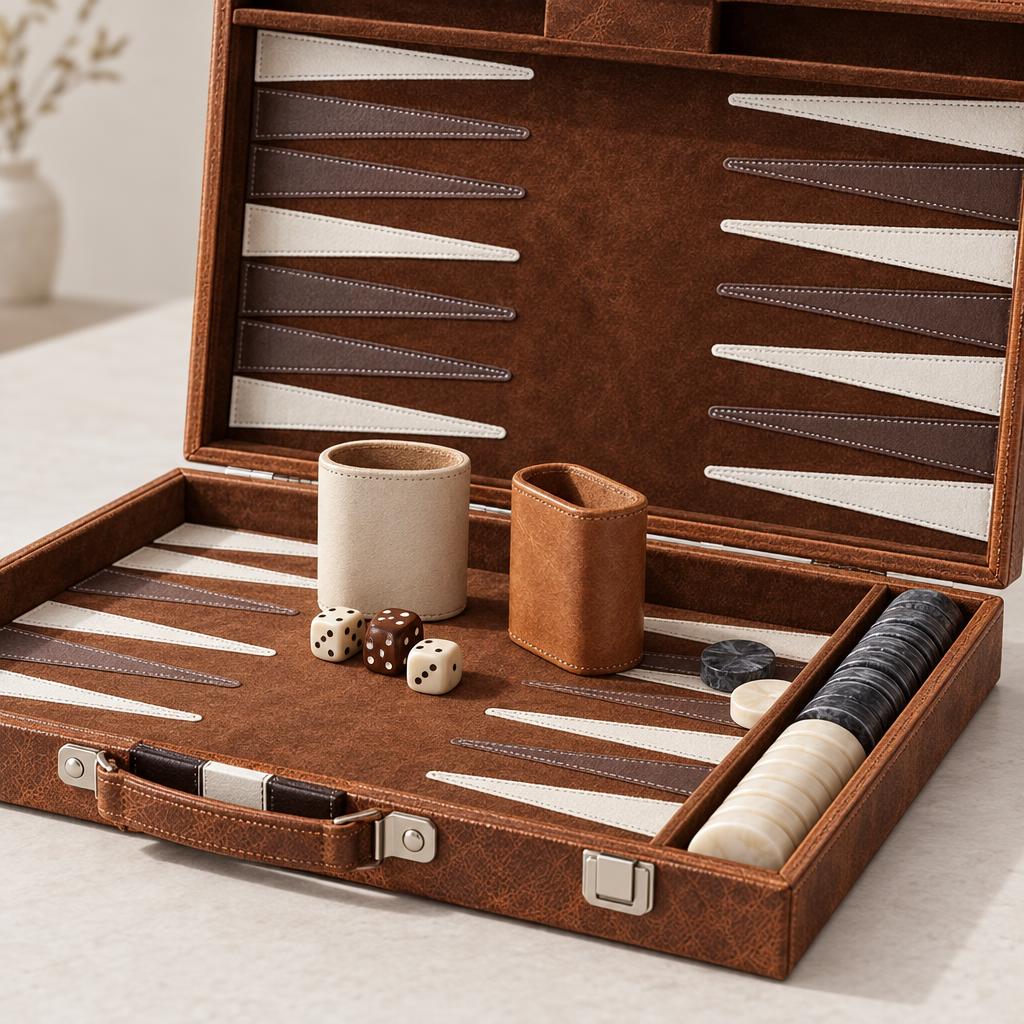 Backgammon Roma — Brown Leather Travel Case