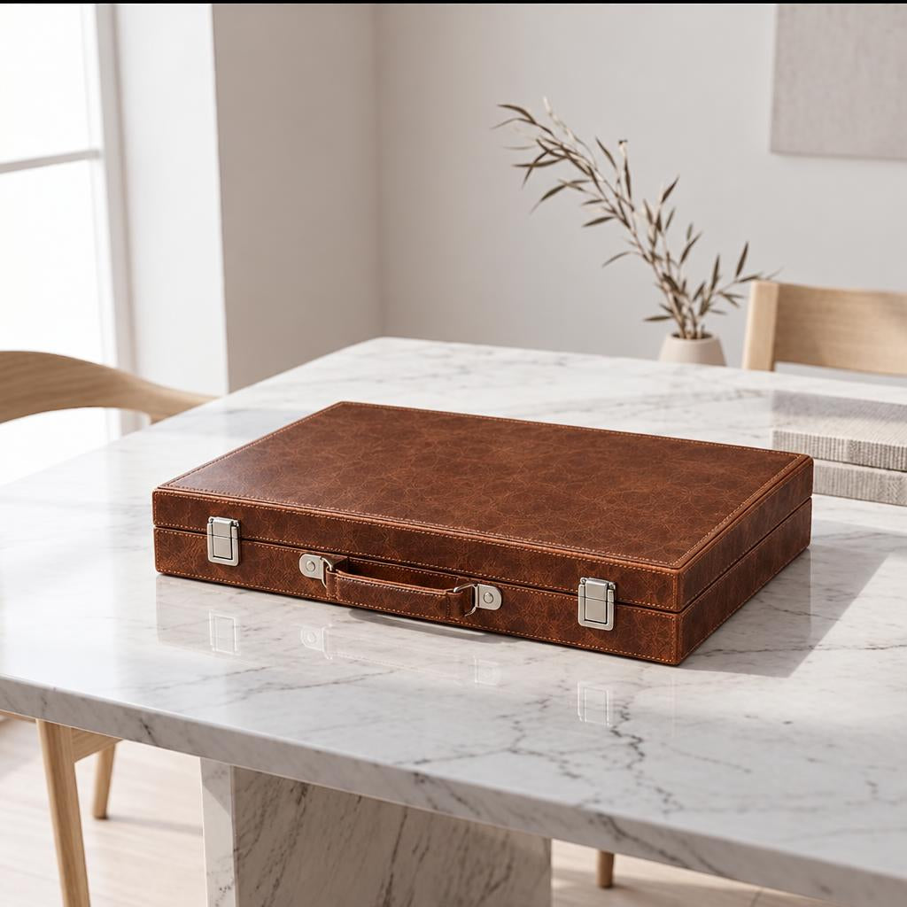 Backgammon Roma — Brown Leather Travel Case