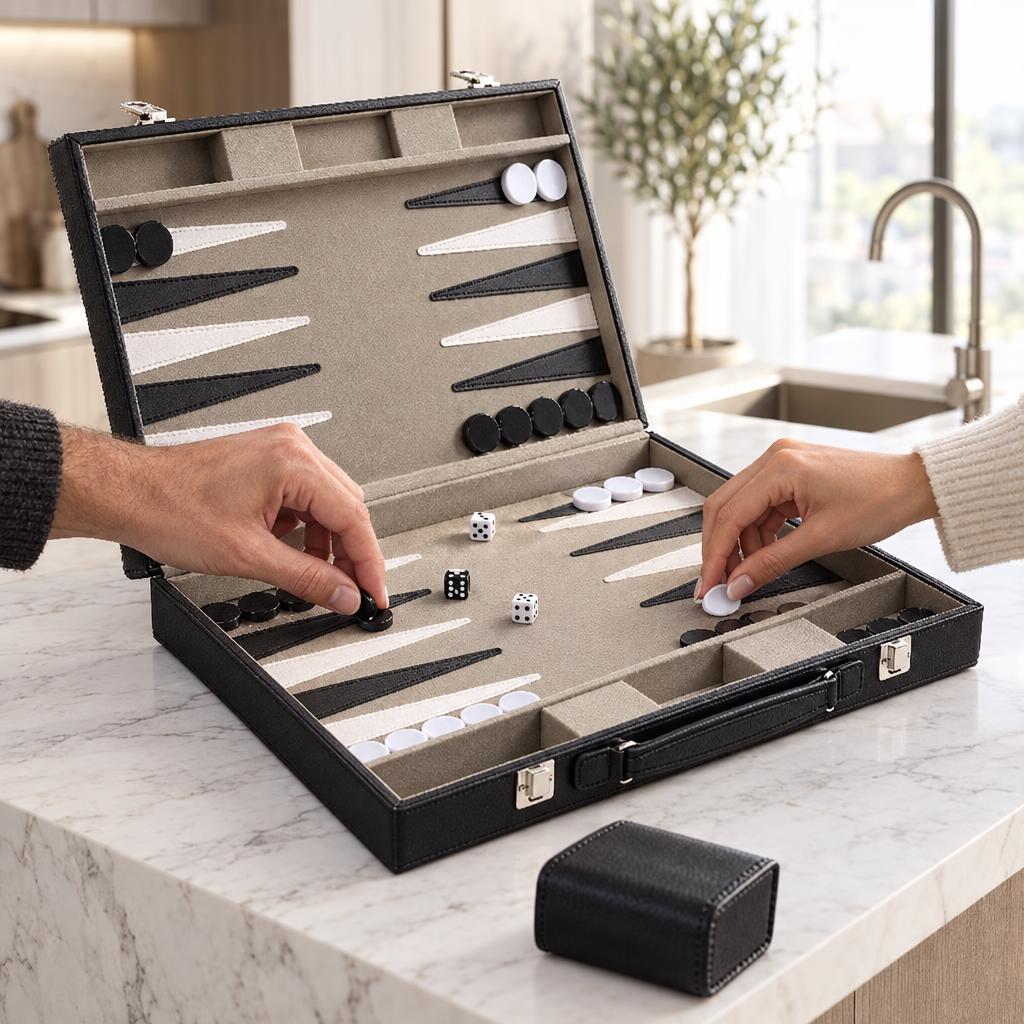 Backgammon Milano — Black Leather Travel Case