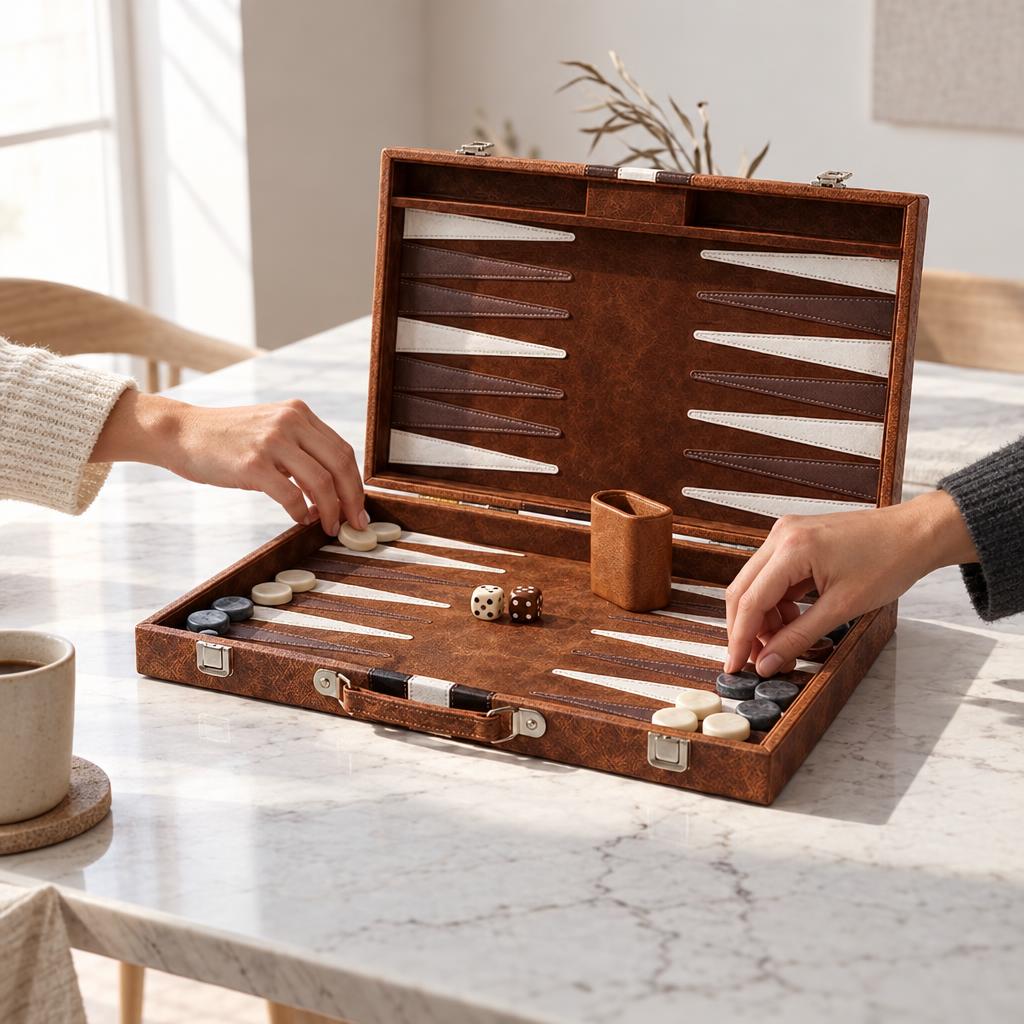 Backgammon Roma — Brown Leather Travel Case