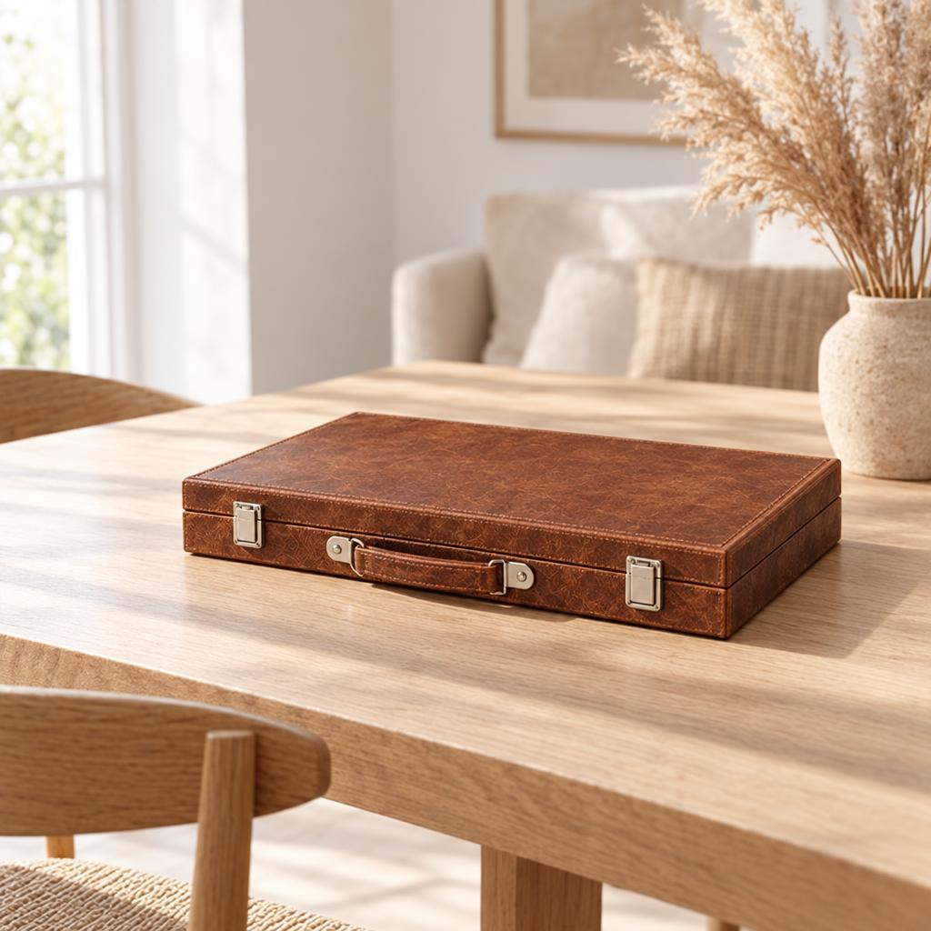 Backgammon Roma — Brown Leather Travel Case