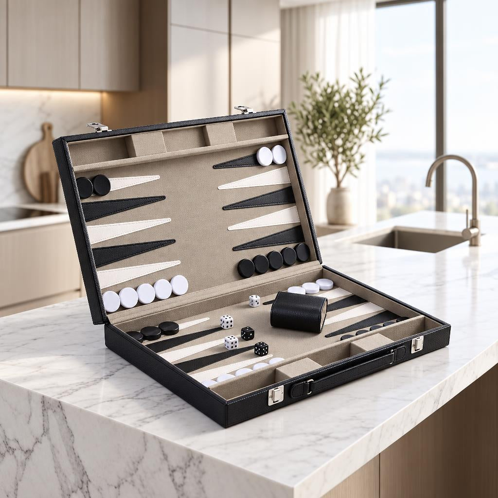 Backgammon Milano — Black Leather Travel Case